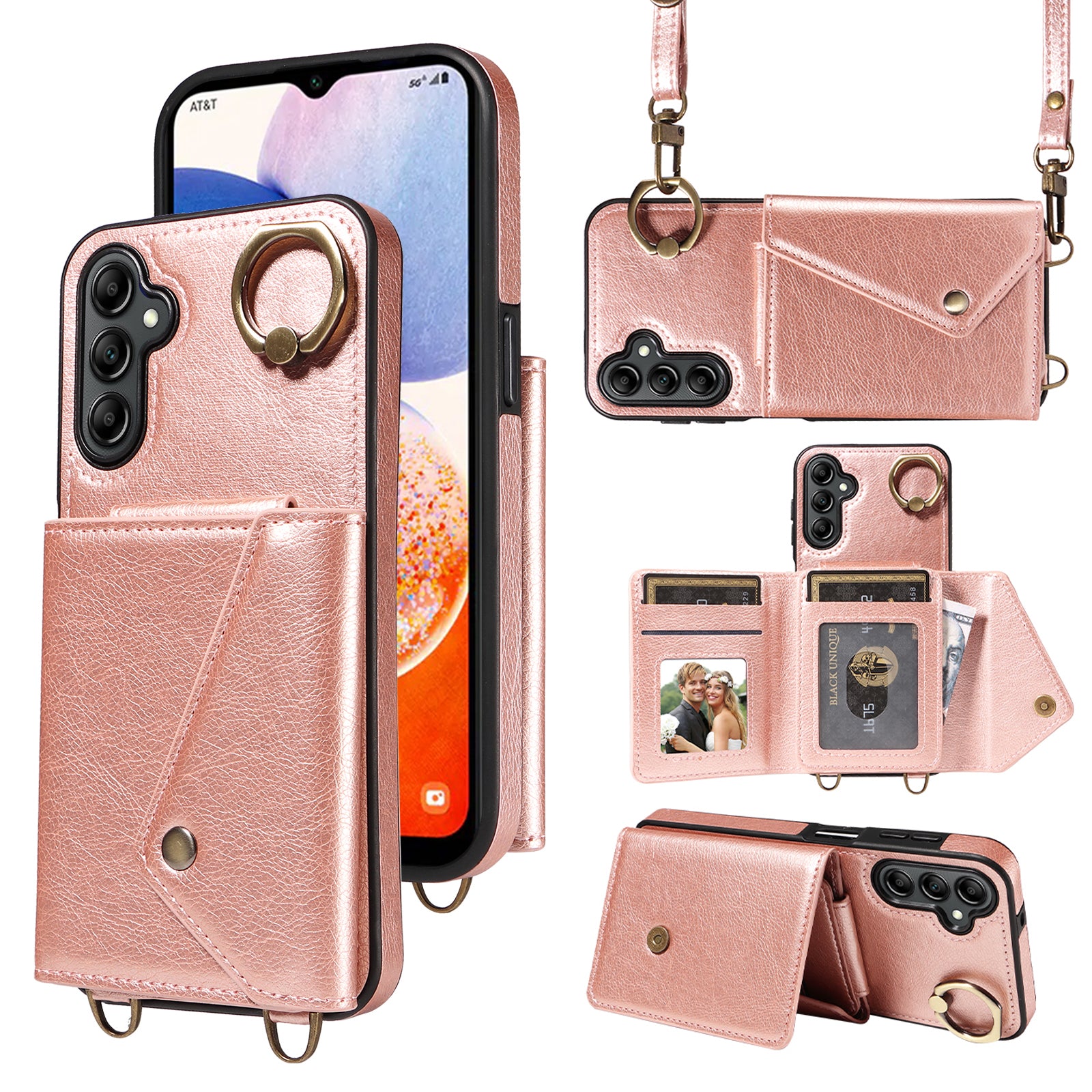 002 For Samsung Galaxy A14 4G 5G Card Bag Ring Kickstand Cover Litchi Texture Leather Coated TPU Phone Case with Shoulder Strap 002 For Samsung Galaxy A14 4G 5G Card Bag Ring Kickstand Cover Litchi Texture Leather Coated TPU Phone Case with Shoulder Strap